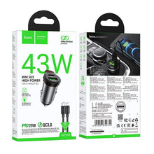 Заредете изображение във визуализатора на галерията – HOCO car charger USB A + Type C + cable Type C to Lightning PD QC3.0 43W NZ16A metal gray
