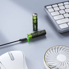 Заредете изображение във визуализатора на галерията – Rechargeable battery R6 (AA) 860 mAh with USB C + cable USB A to 2 x USB C 2 pcs Hoco JA3 black
