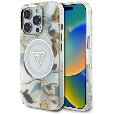 GUESS case for IPHONE 16 Pro Max compatible with MagSafe GUHMP16XHFLPEDH (IML Metal Glitter Flowers Triangle) white