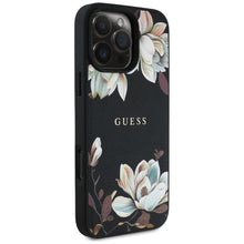 Заредете изображение във визуализатора на галерията – GUESS case for IPHONE 16 Pro compatible with MagSafe GUHMP16LPGNMPLMK (PU Grained Flowers Classic Logo) black

