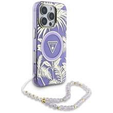 Заредете изображение във визуализатора на галерията – GUESS case for IPHONE 16 Pro compatible with MagSafe GUHMP16LHPCTPLSU (IML Palm Trees Triangle W/ Pearl Strap) purple
