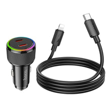 Заредете изображение във визуализатора на галерията – HOCO car charger 2 x Type C QC PD 50W + cable Type C to Lightning NZ14B black

