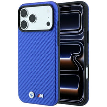 Заредете изображение във визуализатора на галерията – BMW case for IPHONE 18 Pro/17 Pro compatible with MagSafe (Carbon Metal Logo) blue 
