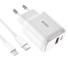 Заредете изображение във визуализатора на галерията – Tech-Protect C20W USB-C PD 20W / USB-A QC 3.0 network charger with USB-C / Lightning cable - white
