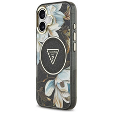 Заредете изображение във визуализатора на галерията – GUESS case for IPHONE 17 compatible with MagSafe GUHMP17SHFLPEDK (IML Metal Glitter Flowers Triangle) black
