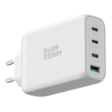 Заредете изображение във визуализатора на галерията – Silver Monkey GaN 130W wall charger 3x USB-C PD 1x USB-A 3.0 QC - white
