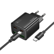 Заредете изображение във визуализатора на галерията – HOCO wall charger USB A + Type C + cable Type C to Lightning PD QC3.0 3A 20W N52 black
