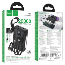 Заредете изображение във визуализатора на галерията – Powerbank 20000 mAh QC PD 22,5W with built-in cables USB A + USB C+ Lightning + Micro USB and two lights Hoco J173 black
