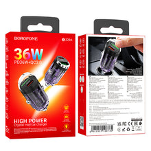 Заредете изображение във визуализатора на галерията – Borofone Car charger BZ29A Talented - USB + Type C - QC 3.0 PD 36W 3A transparent-purple
