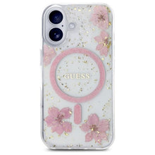Заредете изображение във визуализатора на галерията – GUESS case for IPHONE 16 compatible with MagSafe GUHMP16SRBFGFGMP (Resin Flowers and Glitter) pink
