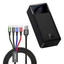 Заредете изображение във визуализатора на галерията – Baseus Bipow 30000mAh 15W power bank set - black + USB cable 4in1 microUSB / Lightning / 2 x USB-C - USB-A 1.2m - black
