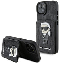 Заредете изображение във визуализатора на галерията – Karl Lagerfeld Saffiano Cardslots and Stand Monogram Ikonik Patch case for iPhone 15 - black
