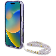 Заредете изображение във визуализатора на галерията – GUESS case for IPHONE 16 Pro compatible with MagSafe GUHMP16LHPCTPLSU (IML Palm Trees Triangle W/ Pearl Strap) purple
