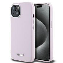 Заредете изображение във визуализатора на галерията – DKNY case for IPHONE 15 compatible with MagSafe DKHMP15SSMCHLP (DKNY HC MagSafe Silicone W/Horizontal Metal Logo) pink
