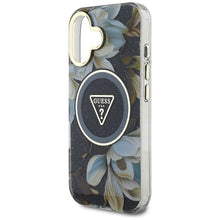 Заредете изображение във визуализатора на галерията – GUESS case for IPHONE 16 compatible with MagSafe GUHMP16SHFLPEDK (IML Metal Glitter Flowers Triangle) black
