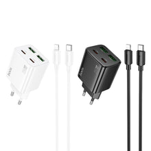 Заредете изображение във визуализатора на галерията – HOCO charger 2 x Type C + 2 x USB A + cable Type C to Lightning PD QC3.0 3A 20W N55 white
