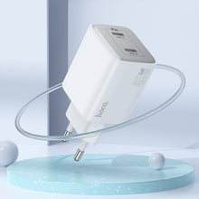 Заредете изображение във визуализатора на галерията – HOCO charger 2 x Type C +  cable Type C to Lightning PD QC 45W GaN N42 white
