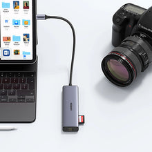 Заредете изображение във визуализатора на галерията – Ugreen CM512 90568 USB-C adapter - 2x USB-A 3.0 / HDMI / RJ45 / SD and TF card reader / USB-C PD 100W - gray
