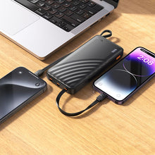 Заредете изображение във визуализатора на галерията – Powerbank Hoco 10000 mAh 2A with four built-in cables USB A + USB C+ Lightning + Micro USB J146 black
