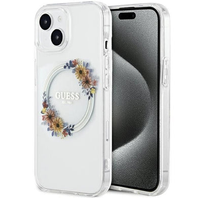 Оригинален гръб GUESS за IPHONE 15 compatible with MagSafe GUHMP15SHFWFCT (Flowers Wreath) прозрачен