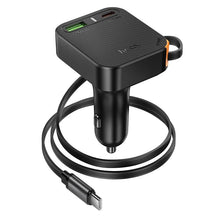 Заредете изображение във визуализатора на галерията – Car charger Hoco wit retractable cable 2 x USB C + USB A QC PD 65W NZ18 black
