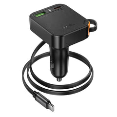 Зарядно за кола Hoco с прибиращ се кабел 2 x USB C + USB A QC PD 65W NZ18 - черно