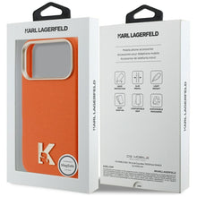 Заредете изображение във визуализатора на галерията – KARL LAGERFELD case for IPHONE 17 Pro Max compatible with MagSafe KLHMP17X5PGFKHGO (PU FW W/ KHead Logo) orange
