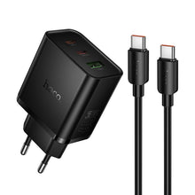 Заредете изображение във визуализатора на галерията – Phone charger Hoco 2x USB C + USB A QC3.0 PD 3A 65W + data cable USB C to USB C N75 black
