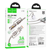 Заредете изображение във визуализатора на галерията – HOCO cable All-in-one USB A / Type C to Type C / LED Light 3A 60W U138 1,2 m grey
