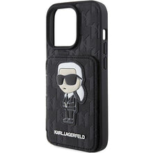Заредете изображение във визуализатора на галерията – Karl Lagerfeld Saffiano Cardslots and Stand Monogram Ikonik Patch case for iPhone 15 Pro - black
