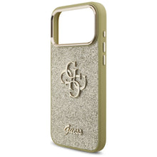 Заредете изображение във визуализатора на галерията – GUESS case for IPHONE 17 Pro Max GUHCP17XHG4SGCD (Fixed Glitter Big 4G Metal Frame) gold
