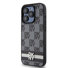 Заредете изображение във визуализатора на галерията – Original Case DKNY hardcase Leather Checkered Mono Pattern &amp; Printed Stripes DKHCP15XPCPTSSK for Iphone 15 Pro Max black
