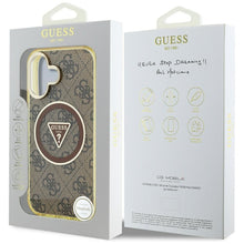 Заредете изображение във визуализатора на галерията – GUESS case for IPHONE 16 compatible with MagSafe GUHMP16SHG4PRTGW (IML Metal Glitter 4G Circle Triangle) brown
