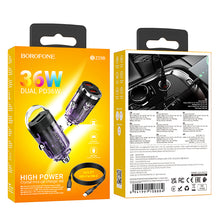 Заредете изображение във визуализатора на галерията – Borofone Car charger BZ29B Outstanding - 2xType C - PD 36W 3A with Type C to Lightning cable transparent-purple
