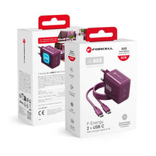 Заредете изображение във визуализатора на галерията – Phone charger Forcell F-Energy GaN III Crystal Color 2x USB C AVS SSFC3.0 60W + silicone cable USB C to USB C VT-60 burgund
