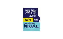 Заредете изображение във визуализатора на галерията – GOODRAM RIVAL Memory card microSD 64GB 100MB/s class 10 UHS-I V30 A2 with adapter SD
