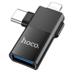 HOCO адаптер OTG Type C (мъжки) / Lightning (мъжки) към USB A (женски) 2в1 UA17 черен