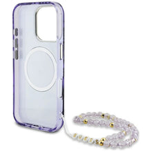 Заредете изображение във визуализатора на галерията – GUESS case for IPHONE 16 Pro compatible with MagSafe GUHMP16LHPCTPLSU (IML Palm Trees Triangle W/ Pearl Strap) purple
