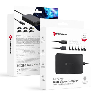 FORCELL F-ENERGY E856 uniwersal laptop charger 65W (6 adaptors) - czarny