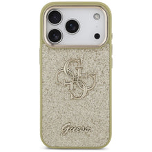 Заредете изображение във визуализатора на галерията – GUESS case for IPHONE 17 Pro GUHCP17LHG4SGCD (Fixed Glitter Big 4G Metal Frame) gold

