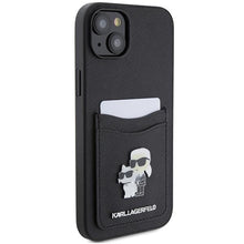 Заредете изображение във визуализатора на галерията – Karl Lagerfeld Saffiano Cardslot Karl&amp;Choupette Metal Pin case for iPhone 15 - black

