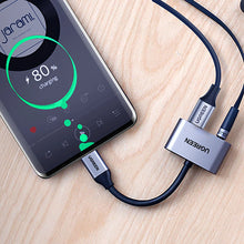 Заредете изображение във визуализатора на галерията – Ugreen CM193 50596 audio adapter two-port USB-C (male) - mini jack 3.5mm / USB-C (female) - gray
