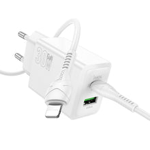 Заредете изображение във визуализатора на галерията – HOCO wall charger USB A + Type C + cable Type C to Type C 60W PD QC3.0 AFC 3A 30W N71 white
