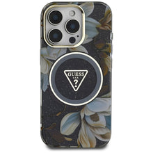 Заредете изображение във визуализатора на галерията – GUESS case for IPHONE 16 Pro Max compatible with MagSafe GUHMP16XHFLPEDK (IML Metal Glitter Flowers Triangle) black
