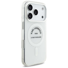 Заредете изображение във визуализатора на галерията – KARL LAGERFELD case for IPHONE 17 Pro compatible with MagSafe KLHMP17LHKRSGPT (IML Karl RSG Logo) transparent
