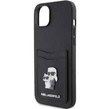Заредете изображение във визуализатора на галерията – Karl Lagerfeld Saffiano Cardslot Karl&amp;Choupette Metal Pin case for iPhone 15 - black
