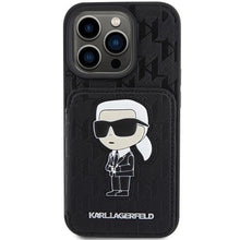 Заредете изображение във визуализатора на галерията – Karl Lagerfeld Saffiano Cardslots and Stand Monogram Ikonik Patch case for iPhone 15 Pro - black
