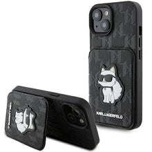 Заредете изображение във визуализатора на галерията – Karl Lagerfeld Saffiano Cardslots and Stand Monogram Choupette case for iPhone 15 - black
