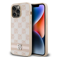 Заредете изображение във визуализатора на галерията – Original Case DKNY hardcase Leather Checkered Mono Pattern &amp; Printed Stripes DKHCP14XPCPTSSP for Iphone 14 Pro Max pink
