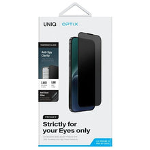 Заредете изображение във визуализатора на галерията – Uniq Optix Privacy tempered glass for iPhone 15 Pro Max with applicator
